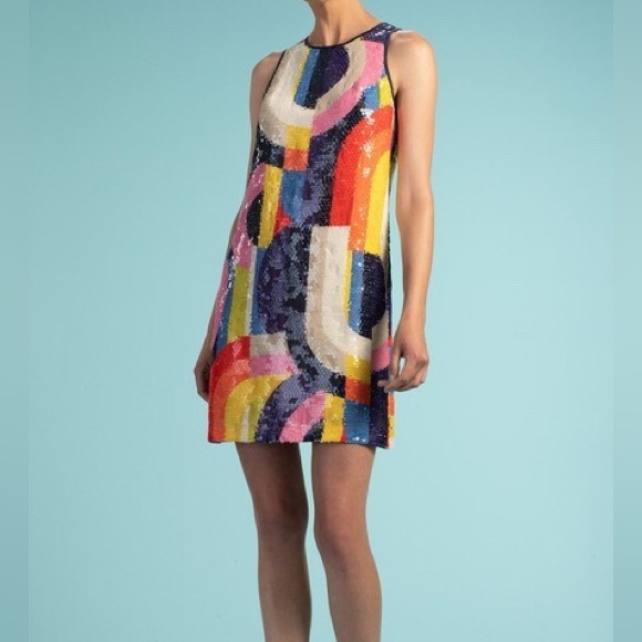 Trina‎ Turk Kaleidoscope Vibrant Sequin Colorblock Sleeveless Shift Retro Disco